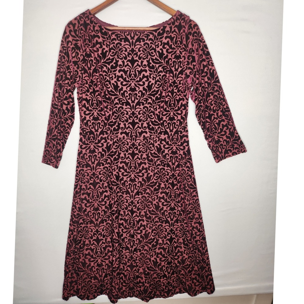 Talbots‎ Burnout Jacquard Print Velvet Classic Fit n' Flare Dress Burgandy Med
